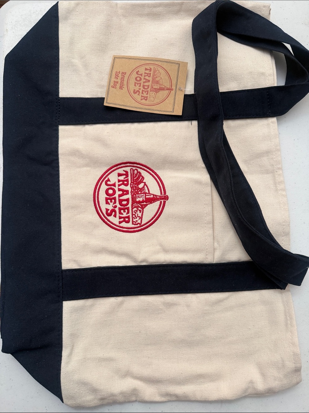 Trader Joe’s Large Canvas Tote Bag in Navy Blue and Cream